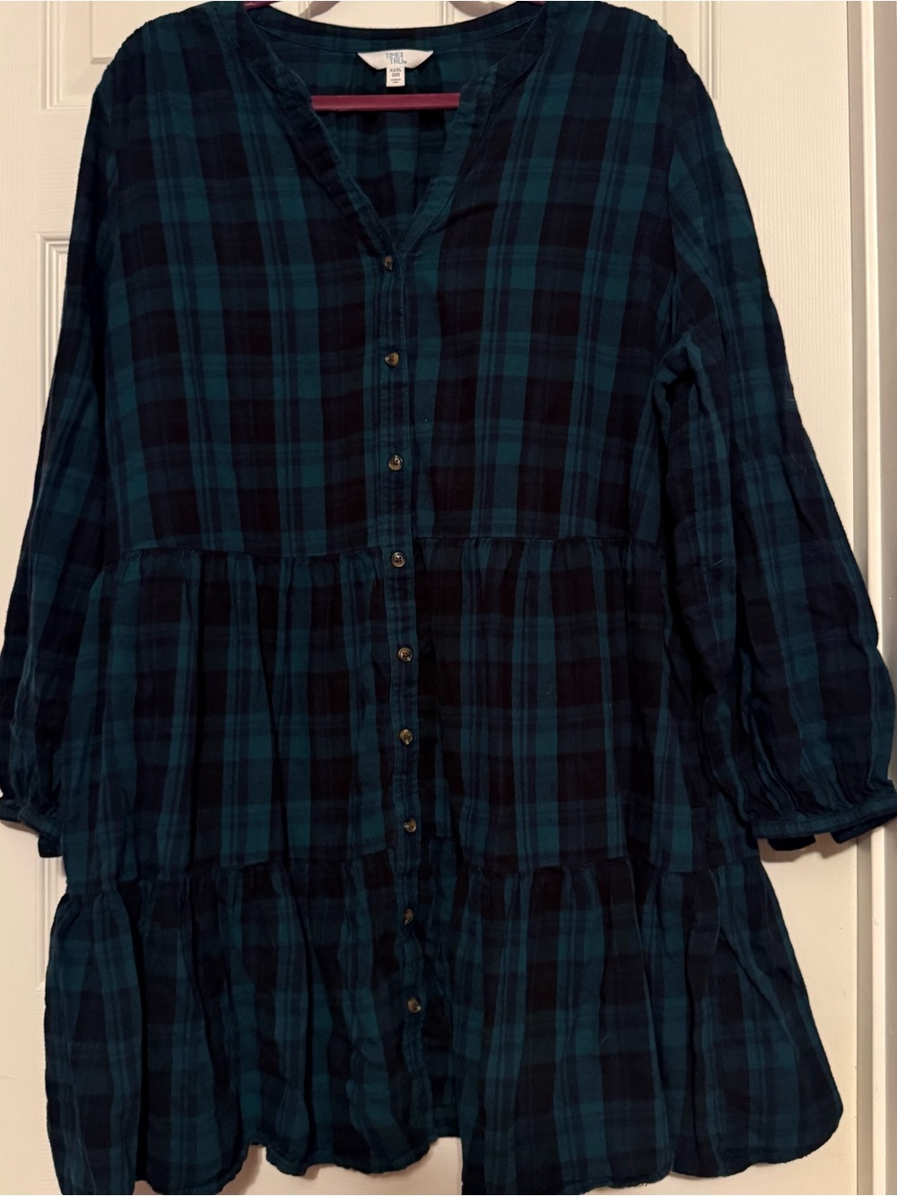 Time and Tru Teal and Black Plaid Button-Front Tunic Dress